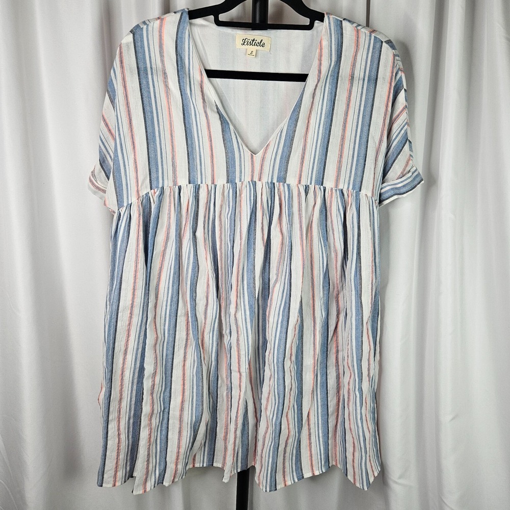 Listicle Striped Babydoll Tunic Mini Dress Women S White Blue Lined Coastal Chic